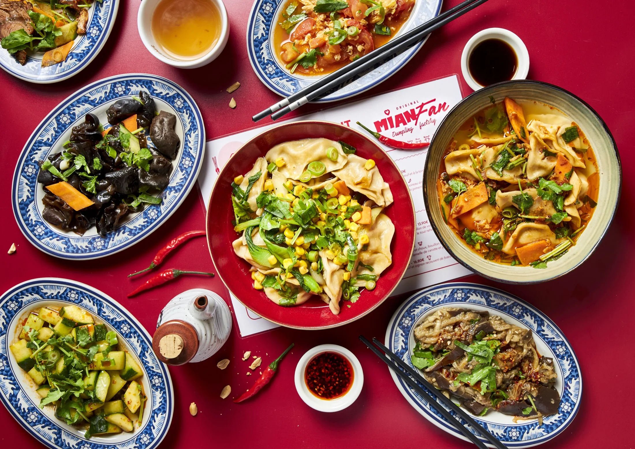 Raviolis, bouillons et tapas partagés vus de dessus au Dumpling Factory
