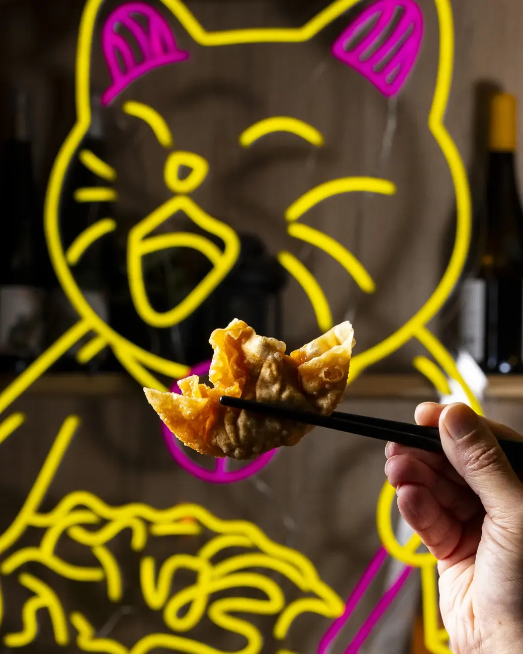 Ravioli frit saisi aux baguettes devant le néon maneki-neko