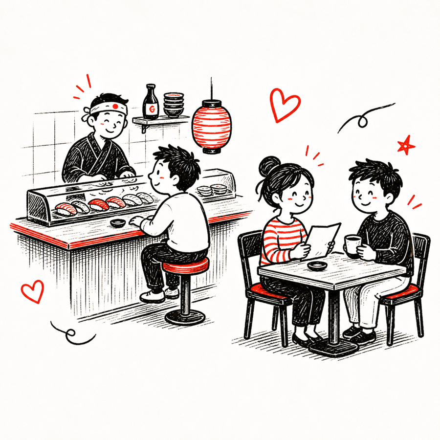 Illustration : des clients installés au comptoir du sushi kaiten